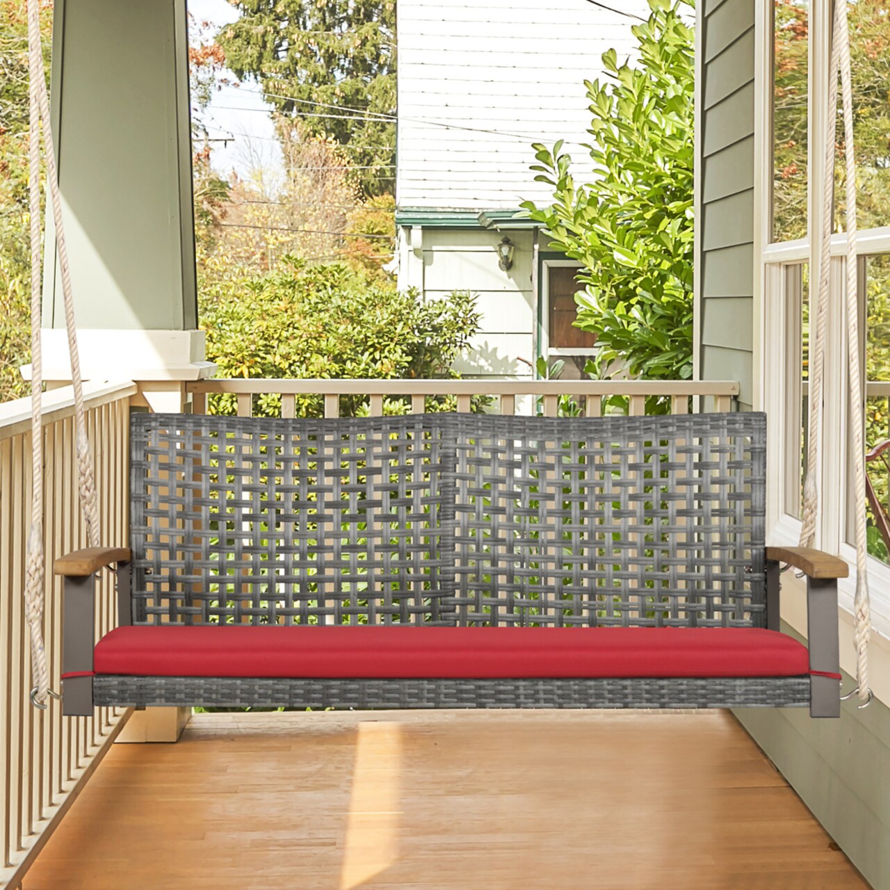 Gymax Rattan Patio Porch Swing 2-Person Cushioned Swing Chair Bench W/ Hanging Ropes